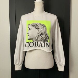 Bershka White Cropped Cobain Sweatshirt with Neon Yellow Graphic
